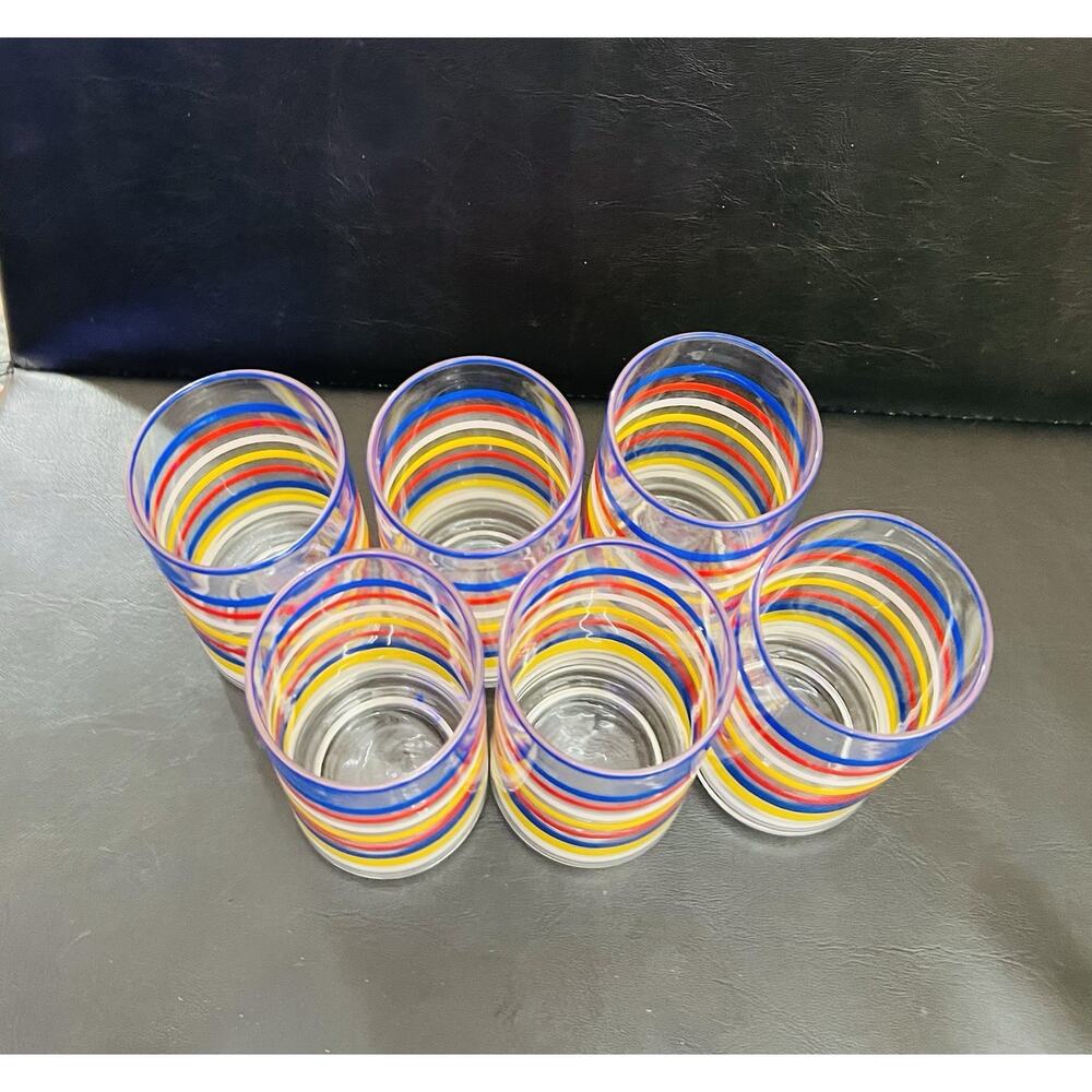 6 Retro Drinking Glass Fiesta Stripe Tumblers Blue Red White Yellow - Picture 3 of 3